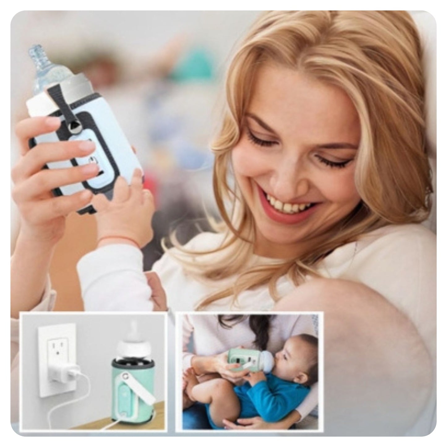 Maman utilisant chauffe biberon USB écran LCD avec bébé