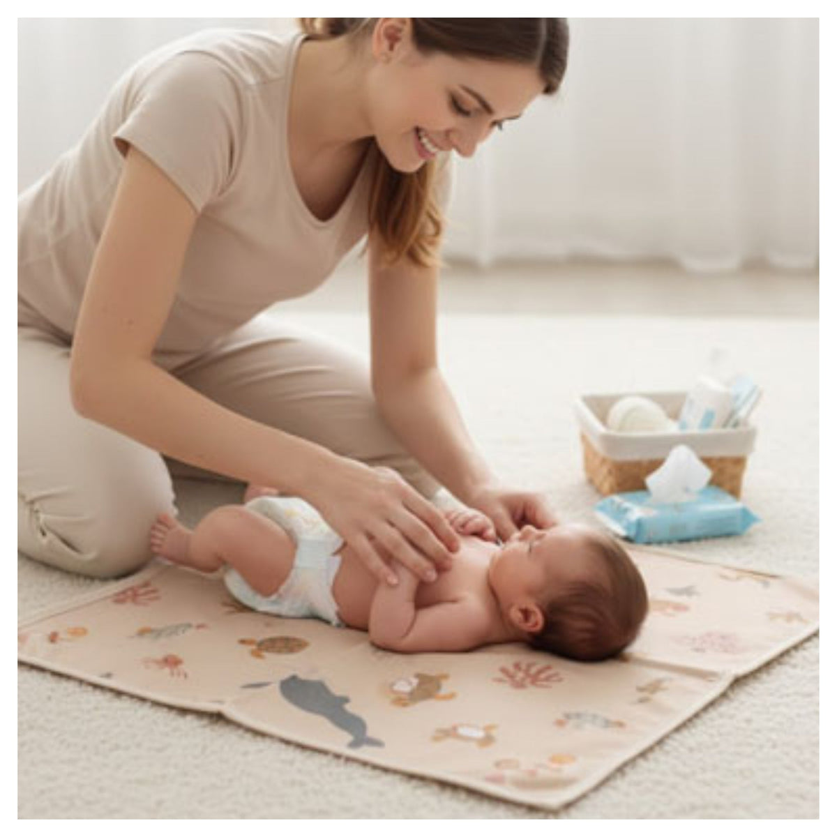 Tapis à langer nomade pliable avec poches de rangement pour couches et lingettes