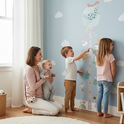 Toise murale en bois naturel design scandinave - Vue d'ambiance chambre enfant